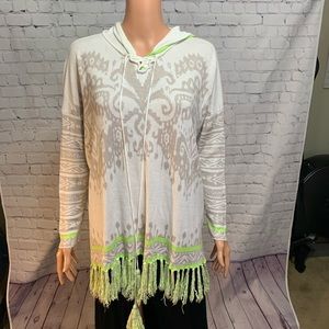 Hale Bob size XS Long sleeve white hooded sweater w/ green sweatshirt boho